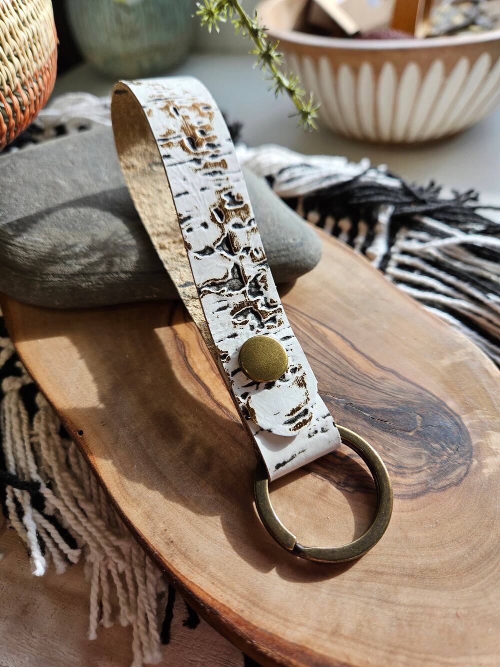 Hand-Cut Distressed Leather Key Fob in White, Black & Gold